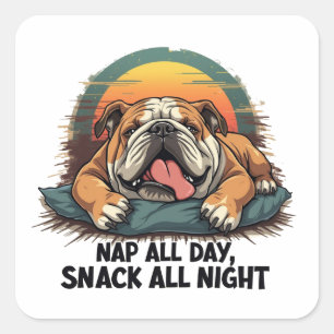 Adesivo Quadrado Chubby English Bulldog Nap And Snack