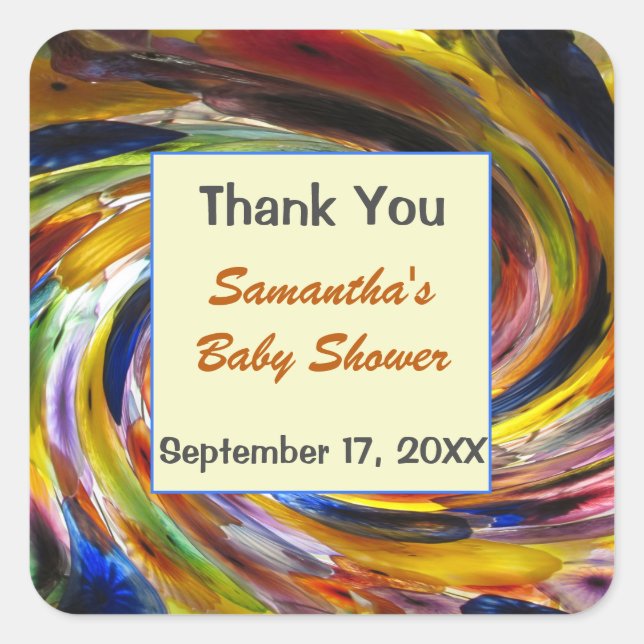 Adesivo Quadrado Chuva de Bebê Agradecimento Neutro Colorido (Frente)
