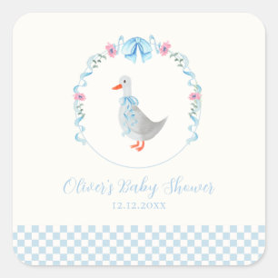 Adesivo Quadrado Chuva de Bebê Blue Gingham Woodland Silly Goose