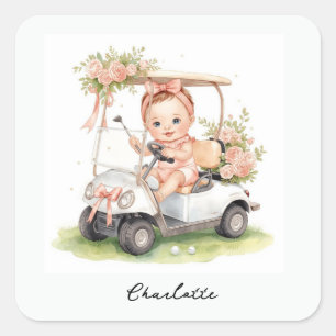 Adesivo Quadrado Chuva de bebê de menina de golfe dirigindo carrinh