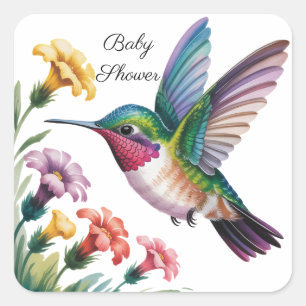 Adesivo Quadrado Chuva de Bebê Floral com Beija-Flor Caprichoso
