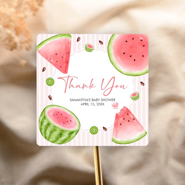 Adesivo Quadrado Chuva de Bebê Melancia (Sweet Little Girl Watermelon Baby Shower Sticker)