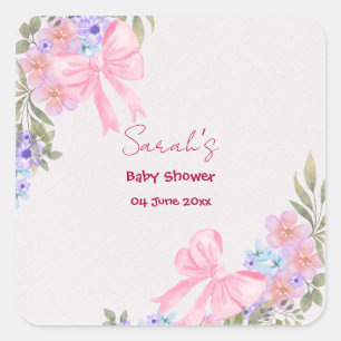 Adesivo Quadrado Chuva de Bebê Menina com Laço Rosa Floral