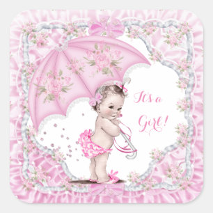 Adesivo Quadrado Chuva de Bebê Menina Flores Guarda-Chuva Rosa Vint