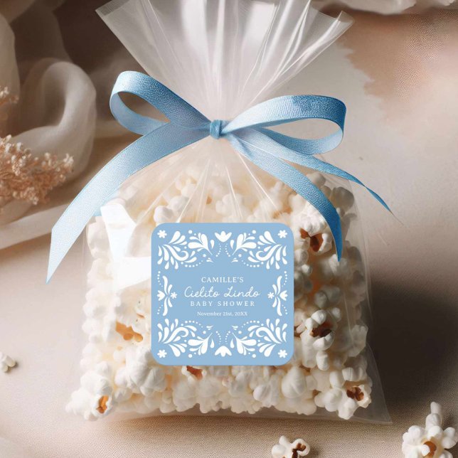 Adesivo Quadrado Chuva de Bebê Menino Blue Cielito Lindo  (Blue Cielito Lindo Baby shower sticker)