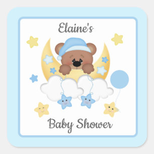 Adesivo Quadrado Chuva de Bebê Menino Urso de Pelúcia Lua Nuvens Es