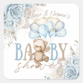 Adesivo Quadrado Chuva de Bebê Menino Urso Teddy Boho Azul Floral P