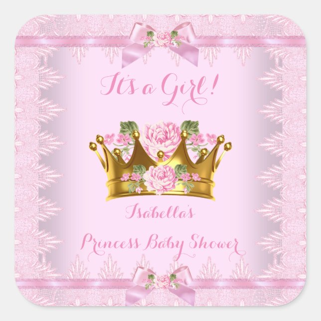 Adesivo Quadrado Chuva de Bebê Princesa Rosa Pink Laço de Renda (Frente)
