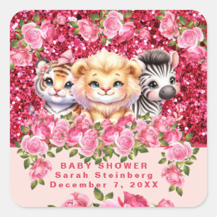 Adesivo Quadrado Chuva de Brilho Rosa Festa da Bebê Animais Selvage