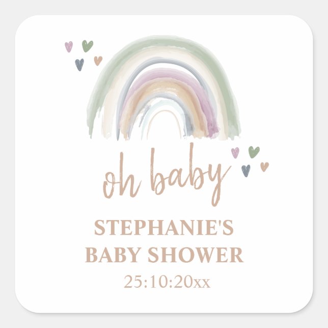 Adesivo Quadrado Chuva de Cores Boho Baby Shower Obrigado (Frente)