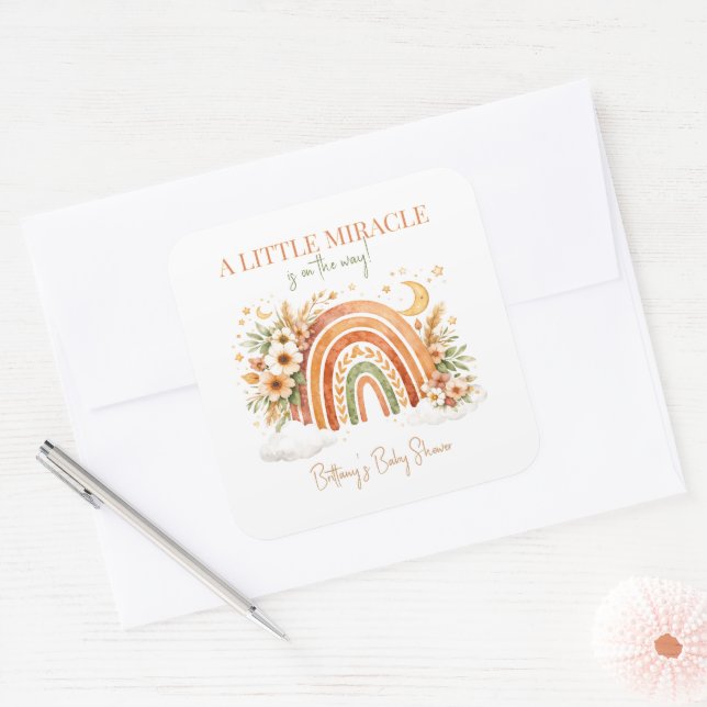Adesivo Quadrado Chuva de Cores Boho Chá de Bebê Moderno (Envelope)