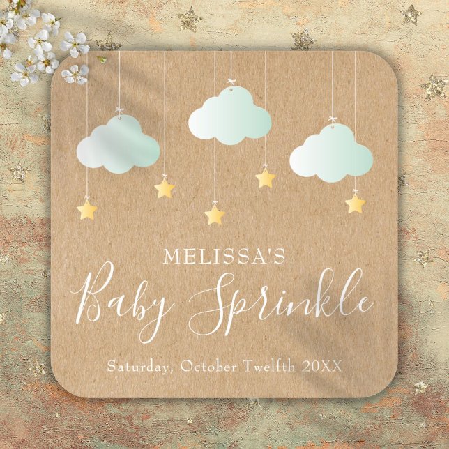 Adesivo Quadrado Chuva de Estrelas Kraft Rústica para Chá de Bebê (Rustic Kraft Twinkle Sprinkle Baby Shower Square Sticker)