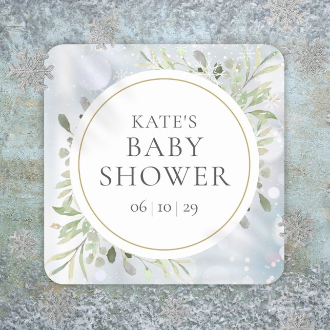 Adesivo Quadrado Chuva de Flocos de Neve Aguarela Bebé Shower Verde (Winter Snowflakes Watercolour Greenery Baby Shower Square Sticker
)