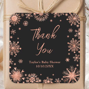 Adesivo Quadrado Chuva de Flocos de Neve em Rose Gold Baby Shower O