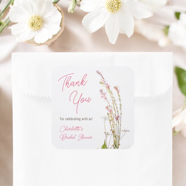 Adesivo Quadrado Chuva de flores silvestres boho moderna obrigada c (Modern boho wildflowers thank you bridal shower square sticker)