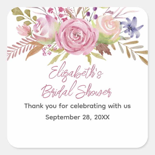 Adesivo Quadrado Chuva de Noiva Botânica Aquarela Floral Rosa (Frente)
