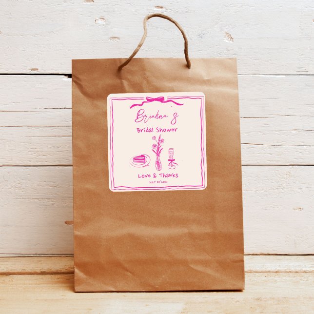 Adesivo Quadrado Chuva de noiva com fita rosa em estilo retrô rabis (Handdrawn scribble retro pink ribbon minimalist bridal shower thank you favor sticker)