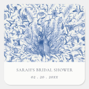 Adesivo Quadrado Chuva de Noiva de Água-Forte Azul com Pavão Floral