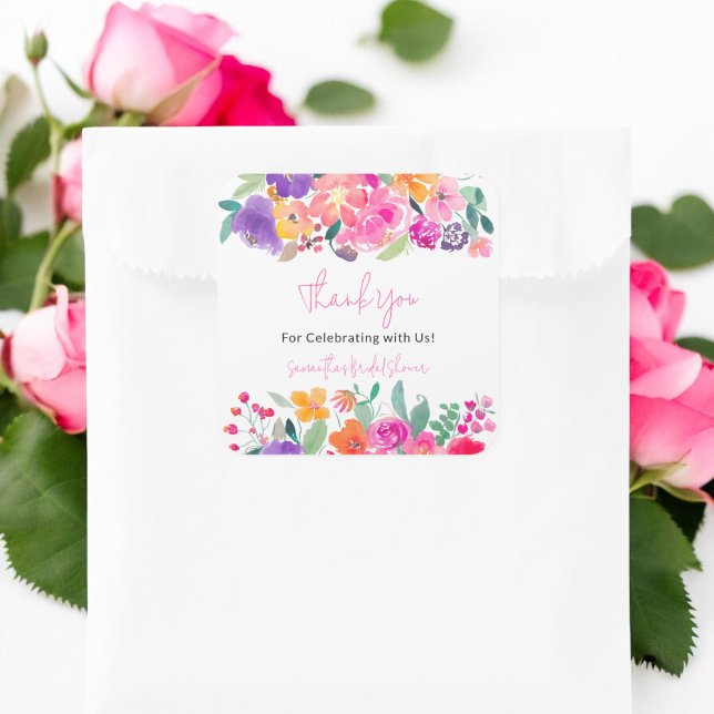 Adesivo Quadrado Chuva de noiva em água-viva floral rosa brilhante  (Bold bright pink floral watercolor bridal shower square sticker)