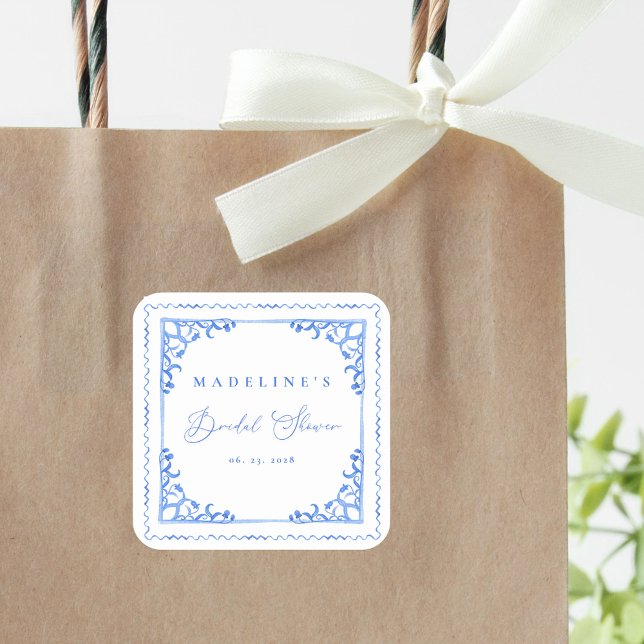 Adesivo Quadrado Chuva de Noiva em Azulejo Azul Branco Elegante (Criador carregado)