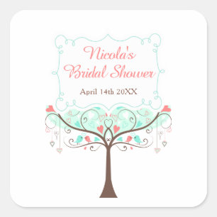 Adesivo Quadrado Chuva de Noiva Floral de Hortelã e Coral com Pássa