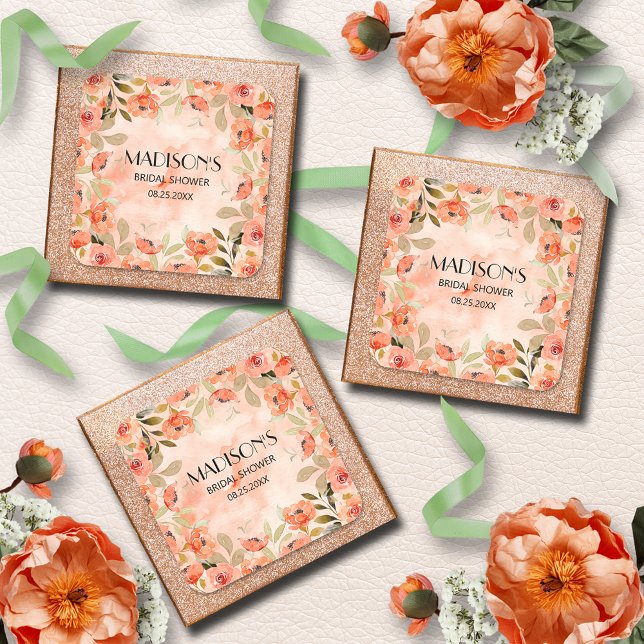 Adesivo Quadrado Chuva de Noiva Floral Laranja em Aquarela (Watercolor orange floral bridal shower square stickers)