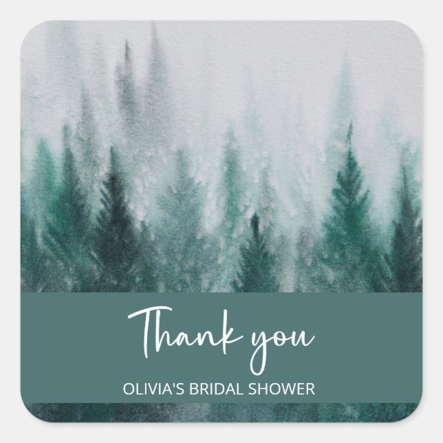 Adesivo Quadrado Chuva de Noiva Floresta de Pinheiros Aquarela Verd (Frente)