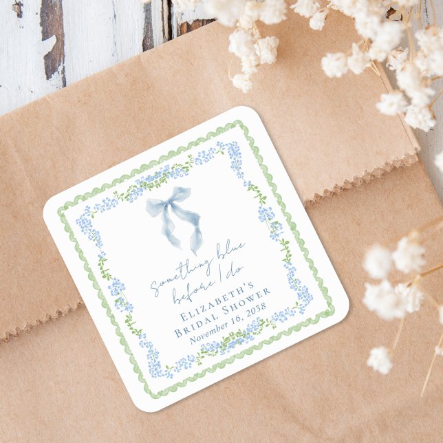 Adesivo Quadrado Chuva de Noiva Laço Azul (Something Blue Bow Bridal Shower Square Sticker)