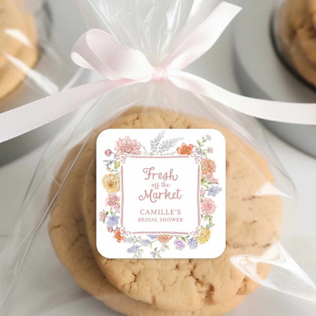 Adesivo Quadrado Chuva de Noivas Florais Frescos do Mercado (Fresh off the market bridal shower sticker)