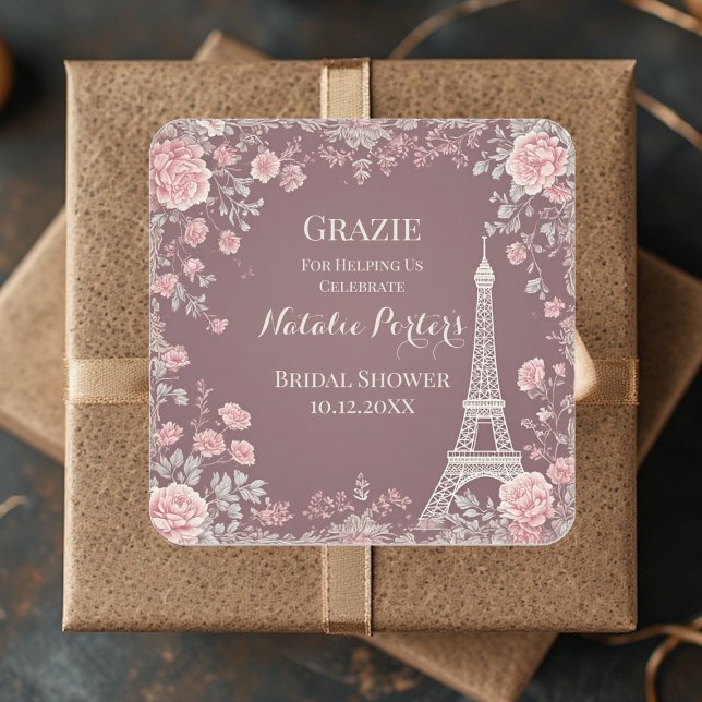 Adesivo Quadrado Chuva de Presentes de Solteira para Casada Paris T (Miss to Mrs Bridal Shower Paris Eiffel Tower Flora Square Sticker)