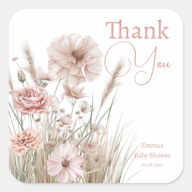 Adesivo Quadrado Chuva de Rosa Botânica Casamento & Chá de Bebê (Frente)