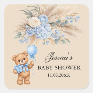 Adesivo Quadrado Chuva de Rosas de Urso de Pelúcia Azul Baby Shower