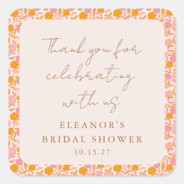 Adesivo Quadrado Chuveiro de Noiva Boho Rosa Laranja Floral Obrigad (Frente)