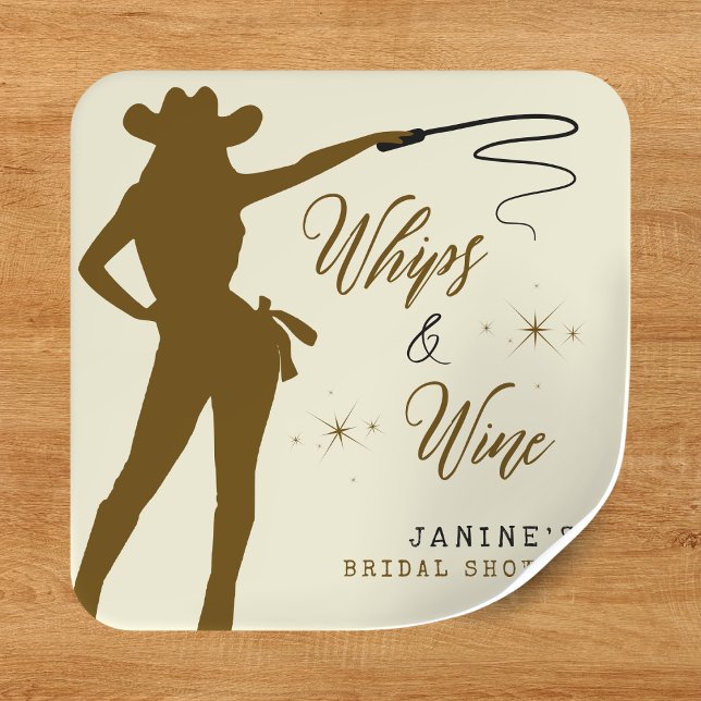 Adesivo Quadrado Chuveiro de Noiva Cowgirl Whips & Wine (Whips & Wine Cowgirl Bridal Shower Square Sticker
)