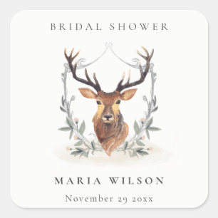 Adesivo Quadrado Chuveiro de Noiva Floral Elegante e Fofo Cervo Esc