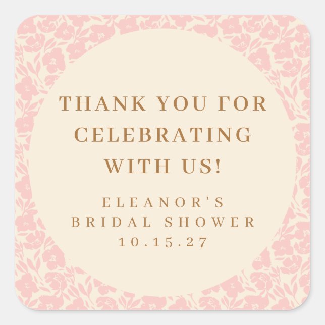 Adesivo Quadrado Chuveiro de Noiva Floral Rosa Vintage Personalizad (Frente)