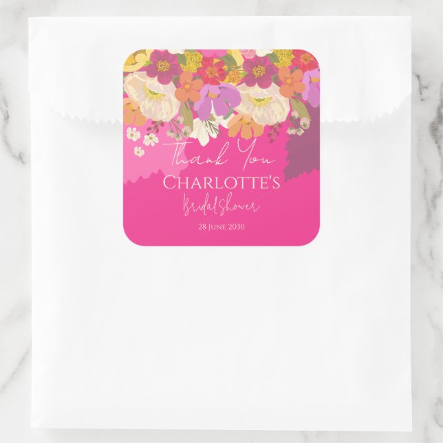 Adesivo Quadrado Chuveiro de Noiva Jardim Floral Rosa Obrigado (Bolsa)