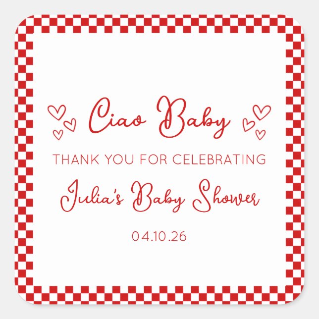 Adesivo Quadrado Ciao Baby! Italian Red Baby Shower Thank You (Frente)