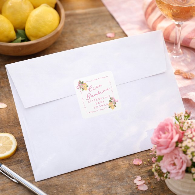 Adesivo Quadrado Ciao Bambina Pink Ribbon Yellow Lemon Baby Shower (Ciao Bambina Pink Ribbon Yellow Lemon Baby Shower Square Sticker)