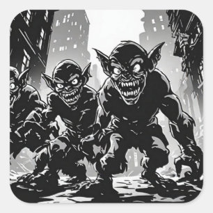Adesivo Quadrado Cidade Abandonada de Demônios Goblin BW Estilo de 