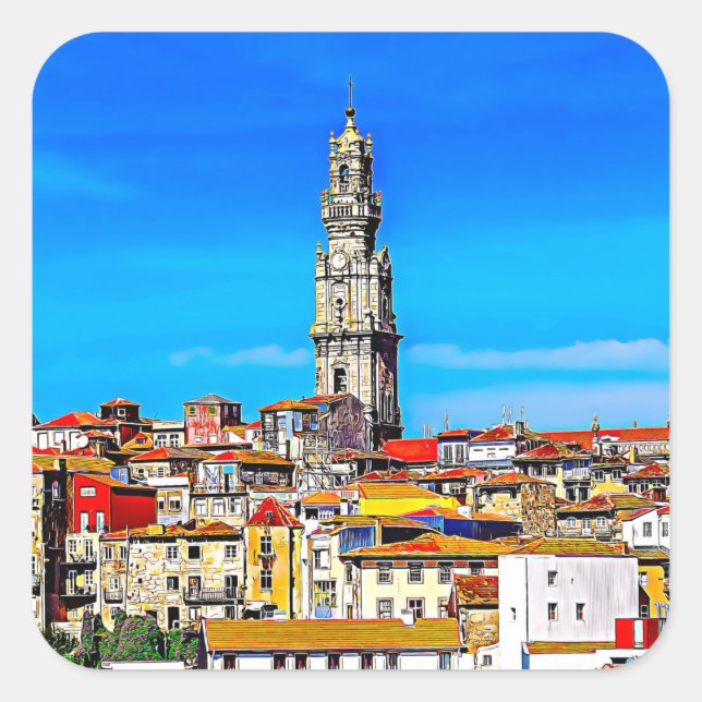 Adesivo Quadrado Cidade antiga do Porto com torre Clerigos (Frente)
