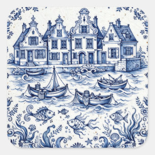 Adesivo Quadrado Cidade de Delft e Porto de Pesca Azul Cobalto Bran
