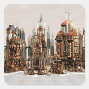 Adesivo Quadrado Cidade de Fantasia Futurista Arte de Horizonte de