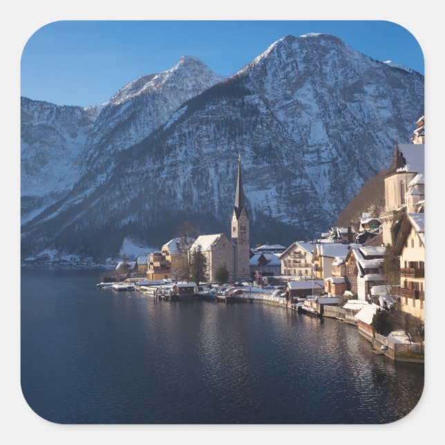 Adesivo Quadrado Cidade de Hallstatt na neve no inverno (Frente)