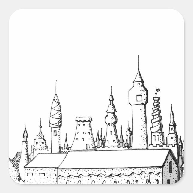 Adesivo Quadrado cidade fabulosa. trabalho de arte. preto e branco (Frente)