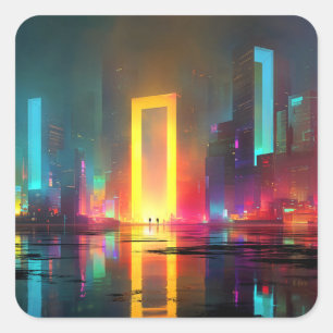 Adesivo Quadrado Cidade Futurista com Portal Neon Radiante