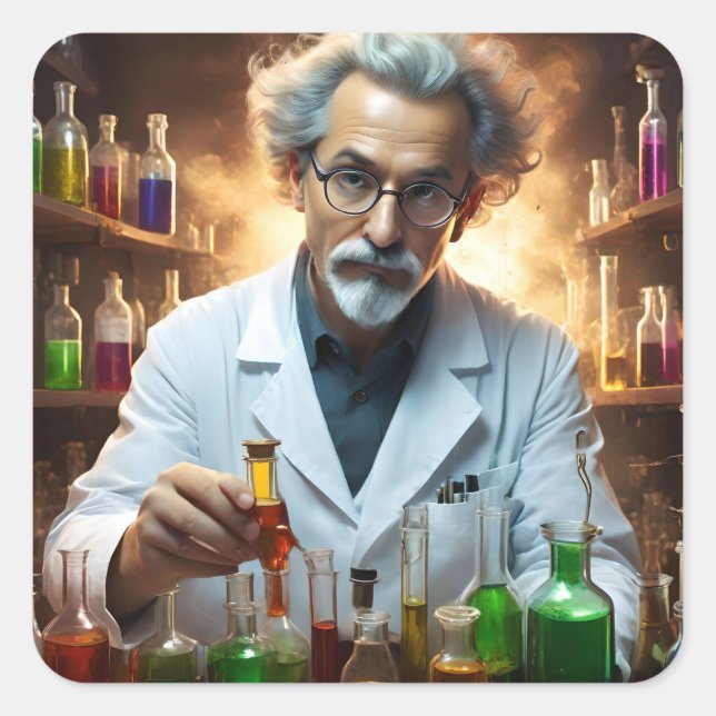 Adesivo Quadrado Cientista Num Laboratório Misturando Poções, (Frente)