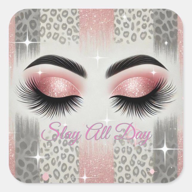 Adesivo Quadrado Cílios com Glitter Rosa (Frente)