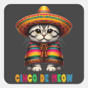 Adesivo Quadrado Cinco De Mayo Engraçado Gato Mexicano Sombrero Meo