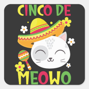 Adesivo Quadrado Cinco De Meowo, gato mexicano colorido e brincalhã
